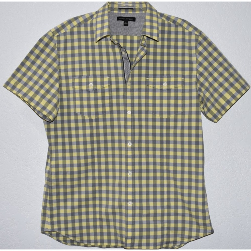 Banana Republic Shirt Mens Large Yellow/Gray Plaid Casual Button Up Short Sleeve